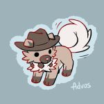 2024 3_toes advos ambiguous_gender black_eyes blue_background brown_body brown_fur clothed clothed_feral clothing cowboy_hat feet feral fur generation_7_pokemon hat headgear headwear neck_tuft nintendo pokemon pokemon_(species) rockruff simple_background solo tail toes tuft white_tail