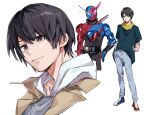  1boy animal_ears armor belt blue_armor blue_footwear build_driver denim helmet heterochromia highres ichiya1115 jeans kamen_rider kamen_rider_build kamen_rider_build_(series) kiryuu_sento pants rabbit+tank_form red_armor red_footwear rider_belt solo tokusatsu 