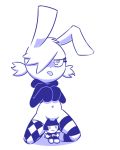  2018 annie_(disambiguation) anthro bottomless censored clothed clothing creative_censorship disfigure female food fruit garcia hair hair_over_eye hoodie kneeling lagomorph legwear looking_at_viewer mammal midriff monochrome navel plushie presenting rabbit raspberry short_hair solo spread_legs spreading teasing thigh_highs 