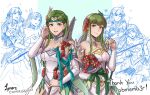  2girls alternate_costume bouquet cm_lynarc collarbone commentary commission english_commentary fire_emblem fire_emblem:_mystery_of_the_emblem fire_emblem:_the_sacred_stones fire_emblem_heroes green_eyes green_hair headband highres holding holding_bouquet holding_polearm holding_weapon lance long_hair multiple_girls palla_(fire_emblem) polearm red_headband sketch_inset syrene_(fire_emblem) thank_you weapon 