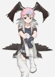 1girl arm_around_leg armband bare_shoulders bird_girl bird_tail bird_wings black_gloves black_hair black_shirt blonde_hair boots brown_armband brown_eyes brown_shorts brown_vest chaps fingerless_gloves fur_collar gloves grey_hair hair_between_eyes head_wings highres kemono_friends lappet-faced_vulture_(kemono_friends) multicolored_hair open_clothes open_vest pants pink_hair shirt short_hair short_shorts shorts sidelocks sitting sleeveless solo tail tanabe_(fueisei) tank_top vest white_footwear white_fur white_pants wings 