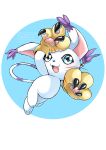  absurdres animal_hands blue_eyes body_fur cat digimon digimon_(creature) fangs full_body furry gloves highres paw_gloves purple_tail shingetsu_(doru0222) striped_tail tail tail_ornament tail_ring tailmon watermark whiskers white_fur white_tail 