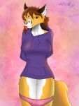 anthro band-aid bandage brown_hair canid canine cassidy_(ruth66) clothed clothing female fennec_fox fleshslinky fluffy fluffy_tail fox freckles fur hair hands_behind_back hi_res hoodie hybrid looking_at_viewer mammal neck_tuft panties panties_down partially_clothed pink_clothing pink_panties pink_underwear purple_clothing purple_topwear red_fox solo tail tongue tongue_out topwear true_fox tuft underwear underwear_down white_body white_fur yellow_body yellow_eyes yellow_fur