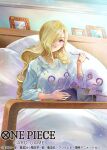  1girl blonde_hair blue_dress blue_eyes commentary_request copyright_name dress fork hair_over_one_eye holding holding_fork looking_at_viewer official_art on_bed one_piece pink_lips pisuke plate smile solo vinsmoke_sora 