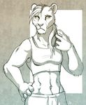  clothing feline female lion mammal midriff muscles muscular_female navel shirt solo tank_top tasanko 
