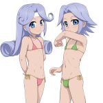  1boy 1girl arms_behind_back bikini blue_eyes blue_hair bulge commentary_request cowboy_shot crossdressing dio_(tales) flat_chest green_bikini highres light_blue_hair long_hair looking_at_viewer mel_(tales) nanina_(nijnan) navel pink_bikini side-tie_bikini_bottom simple_background smile swimsuit tales_of_(series) tales_of_phantasia tales_of_phantasia:_narikiri_dungeon white_background 