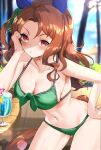  1girl absurdres animal_ears bikini blue_sky blurry blurry_background blush breasts brown_hair cleavage cloud commentary_request cup day drinking_glass ear_covers forehead green_bikini highres horse_ears horse_girl horse_tail king_halo_(umamusume) large_breasts long_hair looking_at_viewer maou_(maoudaisukiya) navel outdoors parted_lips red_eyes sky solo swimsuit tail umamusume 