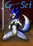  3_toes anthro blue_fur breasts claws clothing female fur g-sci_(snowfyre) horn kneeling looking_at_viewer monster_rancher nipples pink_eyes snowfyre solo spread_legs spreading tiger_(monster_rancher) toe_claws toes white_fur 
