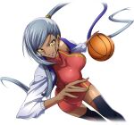  1girl arm_up artist_request asymmetrical_hair ball basketball basketball_(object) black_thighhighs breasts code_geass code_geass:_lost_stories cropped_legs dark-skinned_female dark_skin dress dutch_angle game_cg grey_hair grin hand_up happy high_ponytail highres holding holding_ball jacket large_breasts lipstick long_hair long_sleeves makeup non-web_source official_art open_clothes open_jacket playing_sports purple_lips red_dress running shiny_skin short_dress simple_background sleeveless sleeveless_dress smile solo sweat teeth thighhighs thighs transparent_background very_long_hair villetta_nu white_jacket yellow_eyes zettai_ryouiki 