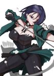  1999narurato 1girl arrow_(projectile) ass_visible_through_thighs blue_hair bodice bow_(weapon) breasts choker fire_emblem fire_emblem:_three_houses gloves hair_between_eyes highres jacket large_breasts pants purple_hair quiver shamir_nevrand short_hair solo torn_clothes weapon white_background 