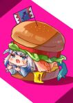  1girl blue_eyes blue_hair blue_hoodie blunt_bangs blush burger chibi chibi_only commentary fins fish_tail food gawr_gura gawr_gura_(1st_costume) grey_hair hololive hololive_english hood hood_down hoodie kurushiro1102 long_sleeves medium_hair mini_person minigirl multicolored_hair open_mouth oversized_food oversized_object shark_girl shark_tail sharp_teeth solo streaked_hair sweatdrop tail teeth two_side_up virtual_youtuber wide_sleeves 