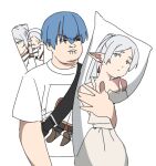  1boy biting_own_lip blue_hair contemporary dakimakura_(object) highres himmel_(sousou_no_frieren) holding holding_pillow otaku perutore photo-referenced pillow short_hair simple_background solo sousou_no_frieren upper_body white_background 