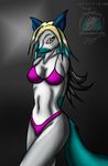  anthro bikini breasts canine clothing female fox fur grey_fur hair long_hair looking_at_viewer mammal multi-colored_hair plain_background sky_(snowfyre) snowfyre solo standing swimsuit white_fur yellow_eyes 