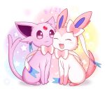  bow canineprince closed_eyes closed_mouth dated espeon forehead_jewel no_humans open_mouth pokemon pokemon_(creature) ribbon sitting smile sylveon 