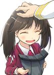  1girl :d ^_^ admiral_(kantai_collection) brown_hair closed_eyes dress_shirt fang hand_on_another's_head hat hat_removed headwear_removed kantai_collection long_hair open_mouth petting ryuujou_(kantai_collection) shirt simple_background smile tamaki_fuyu twintails upper_body visor_cap white_background 