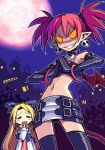  2girls blonde_hair closed_eyes cracking_knuckles crop_top disgaea dress earrings elbow_gloves etna_(disgaea) fang flat_chest flonne full_moon gloves grin highres jewelry long_hair looking_at_viewer miniskirt moon multiple_girls navel outdoors pointy_ears red_hair short_hair short_twintails skirt skull_earrings smile spdcooler teeth twintails zettai_ryouiki 