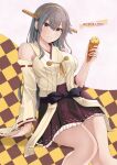  1girl alternate_costume bare_shoulders black_hair breasts brown_eyes checkered_background closed_mouth commentary_request detached_sleeves english_text hair_between_eyes hair_ornament hairclip haruna_(kancolle) haruna_kai_ni_(kancolle) headgear highres holding holding_ice_cream_cone ice_cream_cone invisible_chair japanese_clothes jouzaburou_(joe3) kantai_collection kimono large_breasts long_hair looking_at_viewer nontraditional_miko red_skirt ribbon-trimmed_sleeves ribbon_trim sitting skirt smile solo white_kimono wide_sleeves 