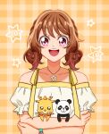  1girl :d absurdres animal blush bow brown_hair collarbone delicious_party_precure dot_nose hanamichi_ran highres holding holding_animal jewelry looking_at_viewer low_twintails mem-mem_(precure) necklace off-shoulder_shirt off_shoulder open_mouth orange_background panda pink_eyes plaid plaid_background precure puffy_short_sleeves puffy_sleeves saki_(pixiv90771732) shirt short_hair short_sleeves short_twintails smile straight-on twintails watch white_shirt wristwatch yellow_bow 
