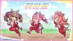  3girls agnes_digital_(umamusume) animal_ears blush brown_hair building clenched_hands closed_eyes commentary_request full_body grass hair_ornament haru_urara_(umamusume) horse_ears horse_girl horse_tail jacket long_hair multiple_girls pants pink_hair running shoes sky smart_falcon_(umamusume) sweat tail track_jacket track_pants translation_request umamusume 