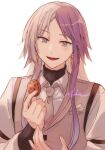  1boy absurdres bungou_stray_dogs collared_shirt cookie earrings food highres jewelry long_sleeves looking_at_another multicolored_hair necktie open_mouth pocket purple_hair r1kuuw shirt sigma_(bungou_stray_dogs) solo split-color_hair upper_body vest white_hair white_shirt 