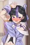  1girl absurdres black_hair blush embarrassed fang goddess_of_victory:_nikke hair_ribbon highres jacket multicolored_hair navel nose_blush open_mouth purple_eyes purple_hair purple_jacket purple_ribbon ribbon solo streaked_hair syuen_(nikke) tomatoushiekaki white_hair 