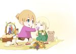  :d =_= basket blonde_hair blue_eyes child cup eating flower food fork full_body hair_between_eyes height_difference k-on! komugiko kotobuki_tsumugi long_sleeves macaron multiple_girls open_mouth pantyhose saitou_sumire short_hair sidelocks simple_background sitting smile stuffed_animal stuffed_toy sweater tareme tea teacup teddy_bear wariza white_legwear yellow_background younger 