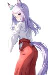  1girl absurdres alternate_costume animal_ears ass blush closed_mouth commentary_request highres horse_ears horse_girl horse_tail japanese_clothes long_hair looking_at_viewer mejiro_mcqueen_(umamusume) miko purple_eyes purple_hair simple_background solo sunny_(20597521) tail umamusume white_background 