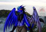  anthro avian beak bird blue_feathers clothing feathers fog looking_at_viewer male outside photo_background red_eyes sky snowfyre solo tree wings 