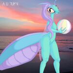 a.u.tumn absurd_res arthropod arthropod_abdomen ball beach belly big_abdomen big_butt butt evening female hi_res insect mantis navel nude sea solo volleyball_(ball) water wings