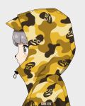  1girl animal_nose blush camouflage camouflage_jacket character_print closed_mouth commentary_request fashion from_side gore-tex grey_background grey_eyes grey_hair hood hood_up hooded_jacket jacket looking_ahead mode_aim panasonynet peanuts-kun ponpoko_(vtuber) portrait profile simple_background solo virtual_youtuber yellow_jacket 