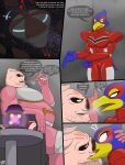 anthro arwing avian belly big_belly bird blue_body blue_fur blush ciger comic dialogue domestic_pig duo falco_lombardi fur hi_res kissing male male/male mammal nintendo pigma_dengar pink_body pink_skin pizzaozzy pizzaozzy_(artist) size_difference spacesuit star_fox suid suina sus_(pig) text