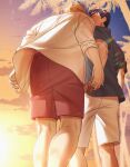  2boys absurdres ao_isami beach black_hair blonde_hair calf collared_shirt couple facial_hair feet_out_of_frame from_below highres holding_hands husband_and_husband kiss lewis_smith male_focus matching_ring multiple_boys official_art shirt shorts sideburns_stubble stubble sunset thick_eyebrows walking yaoi yuuki_bakuhatsu_bang_bravern yuzuki_(hmr813k) 