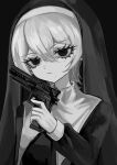  1girl black_background closed_mouth coif eyelashes greyscale gun habit hair_between_eyes hand_up handgun highres holding holding_gun holding_weapon long_sleeves looking_at_viewer mole mole_under_eye mole_under_mouth monochrome nun original revision shiona_(siona0625) simple_background solo traditional_nun upper_body veil weapon 
