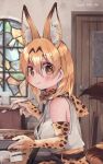  1girl animal_ears bare_shoulders blonde_hair blush bow bowtie cat_ears cat_girl cat_tail eating elbow_gloves extra_ears gloves hair_between_eyes high-waist_skirt highres kemono_friends looking_at_viewer nanana_(nanana_iz) print_bow print_bowtie print_gloves print_skirt serval_(kemono_friends) serval_print shirt short_hair sidelocks sitting skirt sleeveless smile solo spoon table tail white_shirt yellow_eyes 