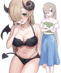  1girl absurdres black_horns black_wings blue_skirt blush book bra breasts cleavage closed_mouth collarbone demon_girl demon_horns demon_tail demon_wings floral_print green_eyes hair_over_one_eye highres holding holding_book horns large_breasts light_brown_hair long_hair long_skirt looking_at_viewer mole mole_under_eye nail_polish navel original panties pink_nails pipi20211026 print_bra print_panties shirt short_sleeves simple_background sitting skirt smile tail underwear underwear_only white_background white_shirt wings 