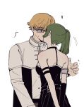  1boy 1girl absurdres arm_behind_back arm_strap armlet bare_shoulders black_choker black_dress blonde_hair brown_eyes choker collared_tunic commentary_request dabln_hl dress glasses green_hair hair_between_eyes highres kiss korean_text land_(sousou_no_frieren) long_hair long_sleeves pleated_dress short_hair side_ponytail sidelocks simple_background sleeveless sleeveless_dress sousou_no_frieren surprise_kiss surprised translation_request ubel_(sousou_no_frieren) white_background white_tunic 