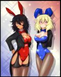  2girls andou_(girls_und_panzer) animal_ears black_hair blue_leotard blush bow bowtie breasts brown_eyes brown_pantyhose brown_thighhighs cleavage closed_mouth covered_navel degtyarev fake_animal_ears fake_tail fishnet_pantyhose fishnet_thighhighs fishnets garter_straps girls_und_panzer highres large_breasts leotard long_hair looking_at_another multiple_girls oshida_(girls_und_panzer) pantyhose playboy_bunny rabbit_ears rabbit_tail red_bow red_bowtie red_leotard smile tail thighhighs yuri 