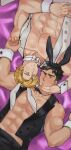  2boys abs alternate_costume animal_ears ao_isami bara bare_pectorals black_hair blonde_hair blush bow bowtie chippendales couple cowboy_shot dmp221190800 facial_hair fake_animal_ears from_above hand_on_another&#039;s_cheek hand_on_another&#039;s_face highres large_pectorals lewis_smith male_focus male_playboy_bunny multiple_boys muscular muscular_male navel pectorals rabbit_ears rotational_symmetry short_hair sideburns_stubble smile stomach stubble thick_eyebrows wrist_cuffs yaoi yuuki_bakuhatsu_bang_bravern 