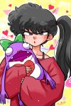 1990s_(style) 1girl abstract_background arms_around_waist black_hair black_undershirt bow doll green_bow grey_eyes heart high_side_ponytail holding holding_doll kunou_kodachi looking_past_viewer off-shoulder_sweater off_shoulder open_mouth ranma_1/2 red_sweater retro_artstyle signature stuffed_toy sweater wanta_(futoshi) 