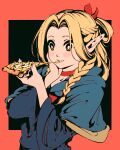  1girl blonde_hair blue_capelet blue_robe blush braid capelet collar dungeon_meshi elf food green_eyes hair_ribbon holding holding_food holding_pizza marcille_donato moshimoshibe multiple_braids pizza pointy_ears ribbon robe 