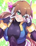  1girl artist_request black_bodysuit blue_jacket blush bodysuit bodysuit_under_clothes breasts brown_hair cropped_jacket green_eyes gyakutenndokei2 heart highres jacket large_breasts long_hair mega_man_(series) mega_man_zx mega_man_zx_advent open_clothes open_jacket parted_lips ponytail robot_ears shorts skin_tight smile teeth v white_shorts 