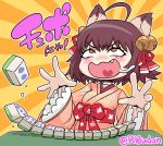  1girl animal_ears bell blush bow breasts cat_ears cat_girl commentary_request fang frilled_sleeves frills hair_bell hair_ornament hair_ribbon ichihime japanese_clothes jingle_bell kimono long_sleeves mahjong mahjong_soul mahjong_tile medium_bangs obi open_mouth orange_background orange_eyes pink_kimono red_bow red_ribbon red_sash ribbon saliva sash short_hair small_breasts smile smug solo sunburst sunburst_background tonda translation_request twitter_username upper_body upturned_eyes v-shaped_eyebrows waist_bow wide_sleeves yellow_background 