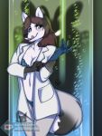 2023 3:4 abstract_background anthro blue_eyes bubble canid canine casidhe casidhevixen clothing coat female fox gloves handwear inktiger lab_coat lingerie mammal solo topwear watermark