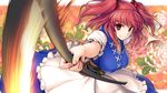  belt breasts coin ebizome flower hair_bobbles hair_ornament large_breasts looking_at_viewer motion_blur onozuka_komachi puffy_sleeves red_eyes red_hair scythe shirt short_sleeves skirt slashing smile solo touhou two_side_up 