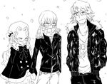  blush bow coat crossdressing fur_trim glasses greyscale hands_in_pockets hat inumuta_houka iori_shirou jewelry kill_la_kill long_hair long_sleeves male_focus monochrome multiple_boys necklace otoko_no_ko pants sanageyama_uzu scarf smile snow south_(monookibako) wide_sleeves 