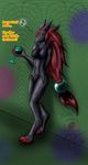  anthro black_hair breasts claws english_text female green_eyes hair hair_ring looking_at_viewer multi-colored_hair musical_note nintendo nude pok&#233;mon pok&eacute;mon red_hair snowfyre solo standing text toe_claws video_games zoroark 