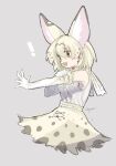  ! 1girl animal_ears bad_id bad_twitter_id blonde_hair commentary_request cowboy_shot cropped_legs elbow_gloves extra_ears gloves grey_background hair_between_eyes hand_on_own_arm high-waist_skirt highres inactive_account jmeysan kemono_friends open_mouth outstretched_arm serval_(kemono_friends) serval_print shirt short_hair simple_background skirt sleeveless sleeveless_shirt smile solo standing white_gloves white_shirt 