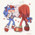  2boys animal_ears artist_name blue_bow blue_fur blush bow closed_eyes furry furry_male gloves heart highres knuckles_the_echidna multiple_boys open_mouth red_bow red_footwear red_fur simple_background sk_rokuro sonic_(series) sonic_the_hedgehog tail tail_bow tail_ornament two-tone_footwear white_background white_footwear white_gloves yellow_footwear 