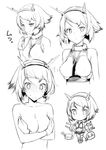  1girl 3: :&lt; blush character_name chibi closed_mouth collage covering covering_breasts greyscale hairband kantai_collection midriff monochrome mutsu_(kantai_collection) short_hair takayaki tears translated upper_body v-shaped_eyebrows 