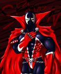  abs armlet belt biceps cape chain clothing green_eyes humanoid looking_at_viewer male mask muscles not_furry pecs pose ryuukikeito skull solo spandex spawn spikes standing tattered_cape text tight_clothing 
